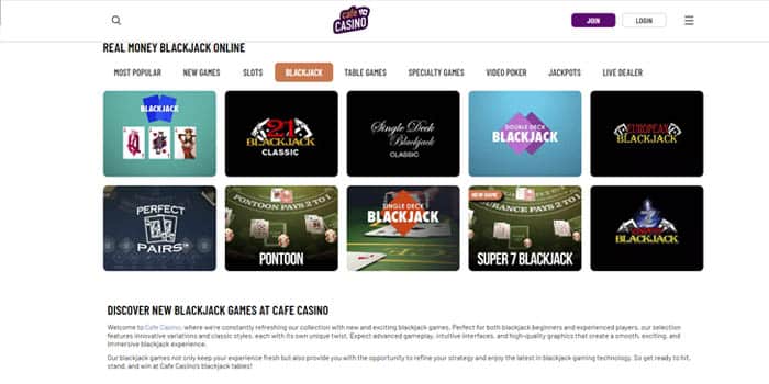 Cafe Casino blackjack games.