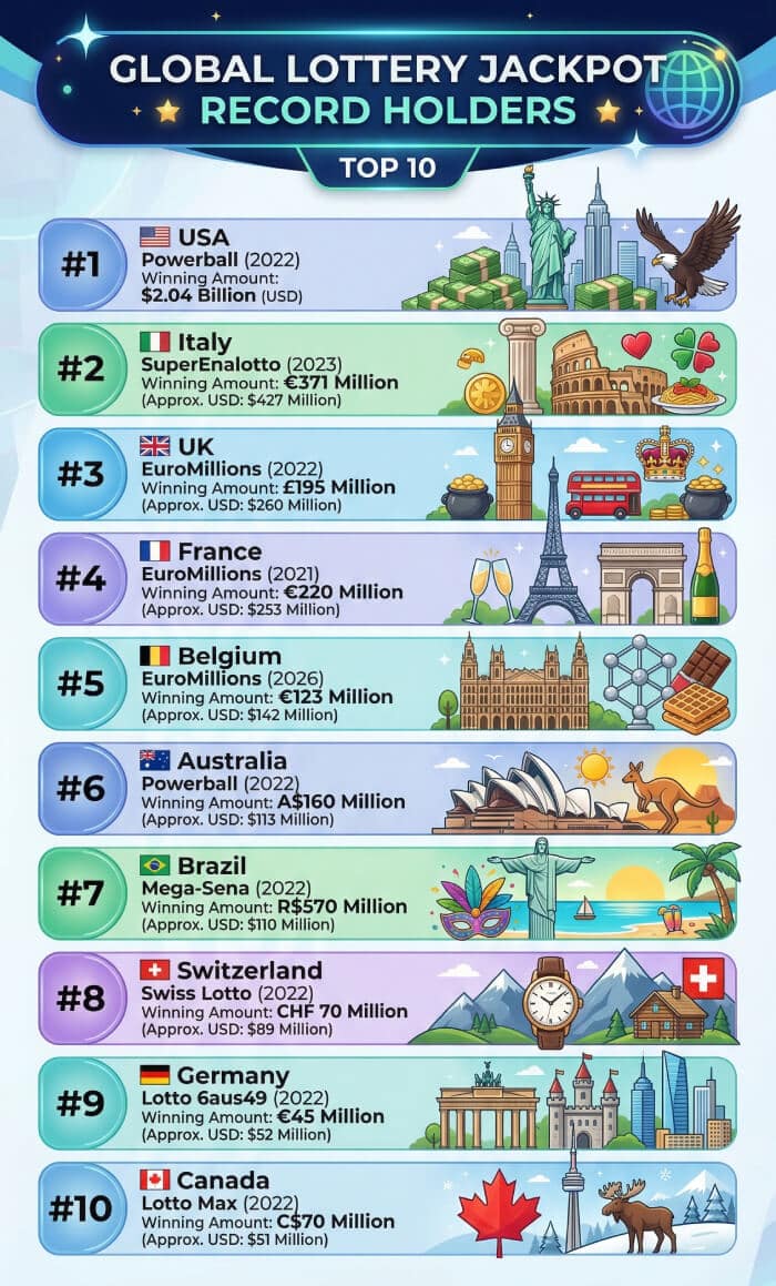 Global Lottery Jackpot Record Holders - Top 10 - #1 USA - Powerball (2022) - $2.04 Billion (USD), #2 Italy - SuperEnalotto (2023) - $427 Million~, #3 UK - EuroMillions (2022) - $260 Million~, #4 France - EuroMillions (2021) - $253 Million~, #5 Belgium - EuroMillions (2026) - $142 Million~, #6 Australia - Powerball (2022) - $113 Million~, #7 Brazil - Mega-Sena (2022) - $110 Million~, #8 Switzerland - Swiss Lotto (2022) - $89 Million~, #9 Germany - Lotto 6aus49 (2022) - $52 Million~, #10 Canada - Lotto Max (2022) - $51 Million~